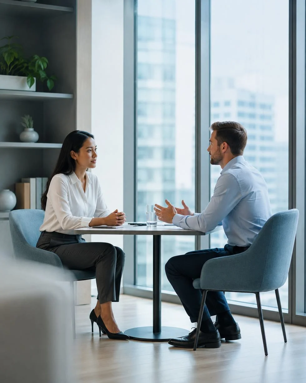 Professionals discussing health information in a modern workplace